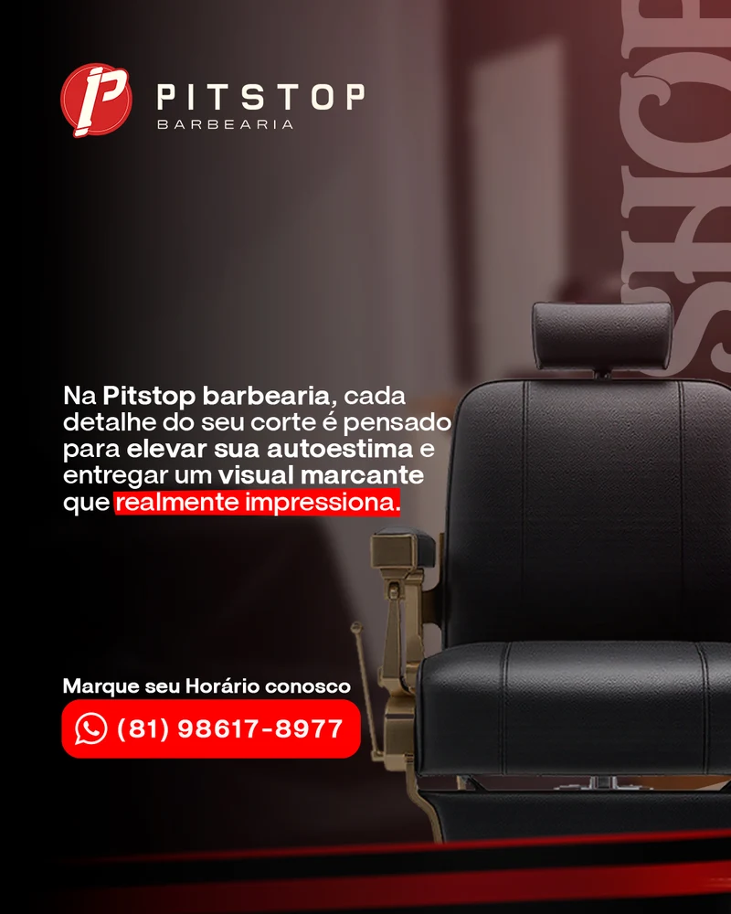 Post da Pitstop Barbearia com uma cadeira de barbeiro e o botão de WhatsApp para marcar horário