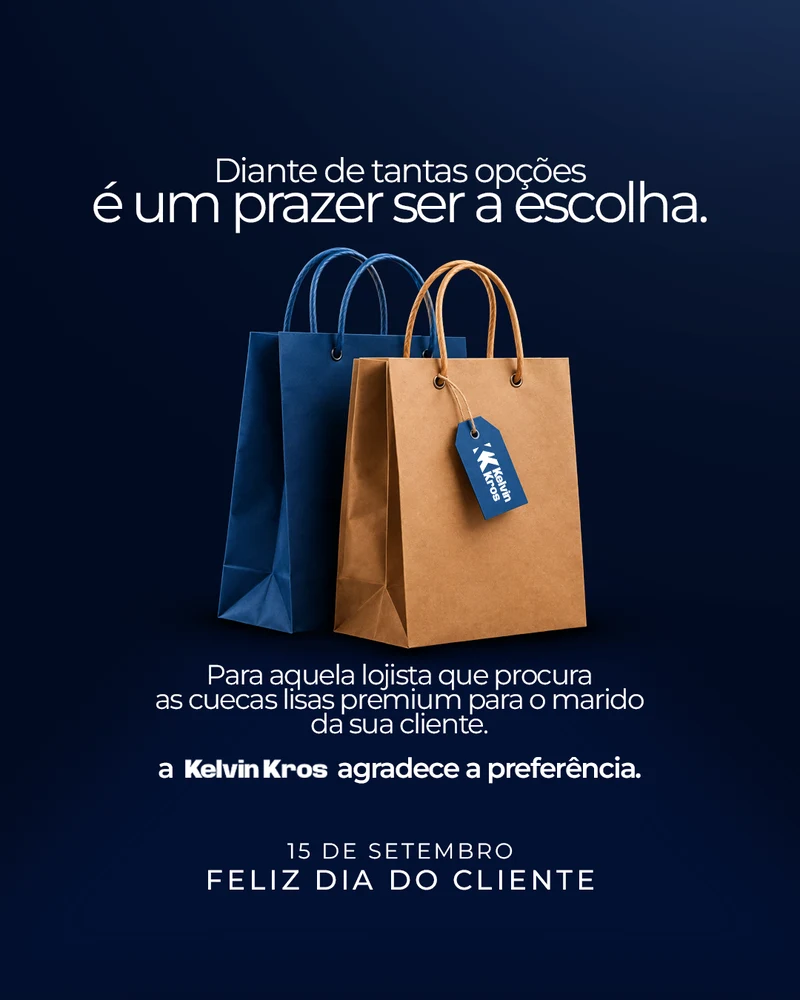 Post de Dia do Cliente da Kelvin Kros, com duas sacolas de papel sobre fundo azul