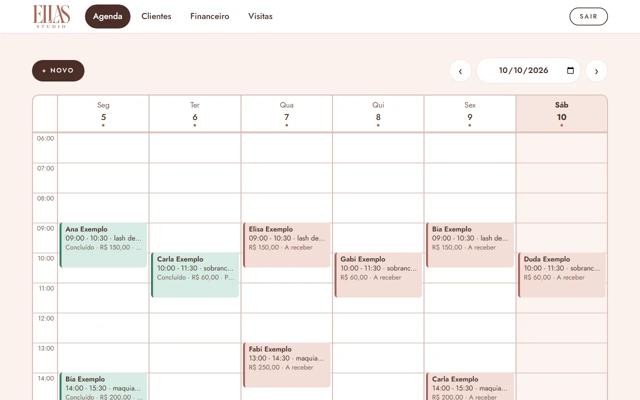 Agenda da semana do painel do Ellas Studio, com horários marcados de clientes de exemplo