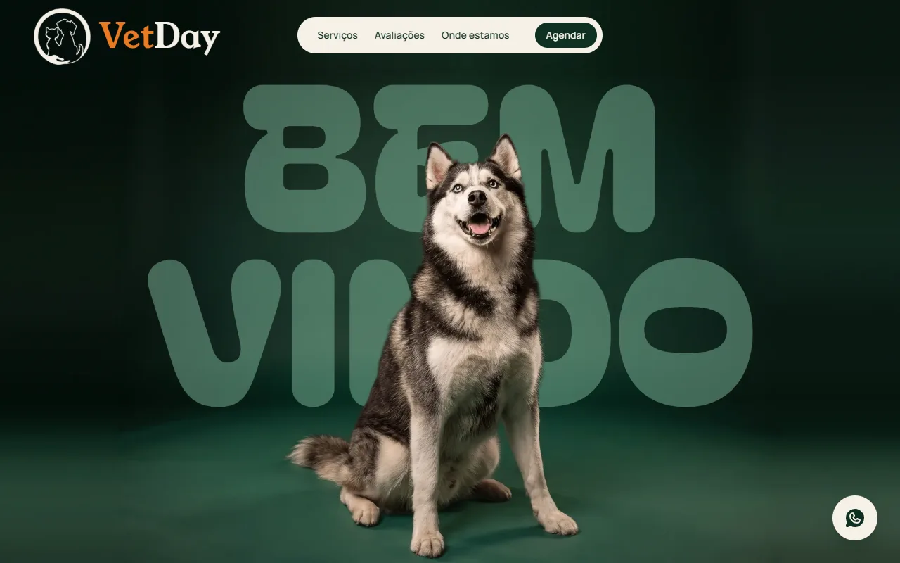 Página inicial do site da VetDay, com um husky sobre fundo verde